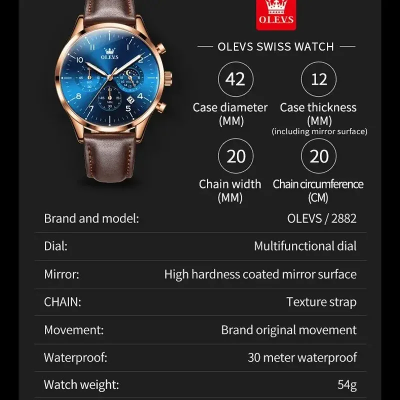 OLEVS Classic Quartz Watch for Men Chronograph Moon Phase Leather Strap Waterproof  Luminous Fashion Men's Wristwatch  2882