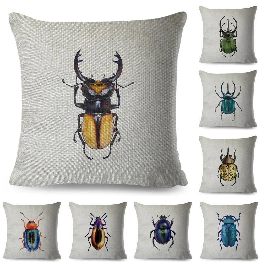 Insect Beetle Collection  Pillow Case Both Sided Decor Cartoon Animal Print Cushion Cover Retro Pillowcase for Sofa Home Car