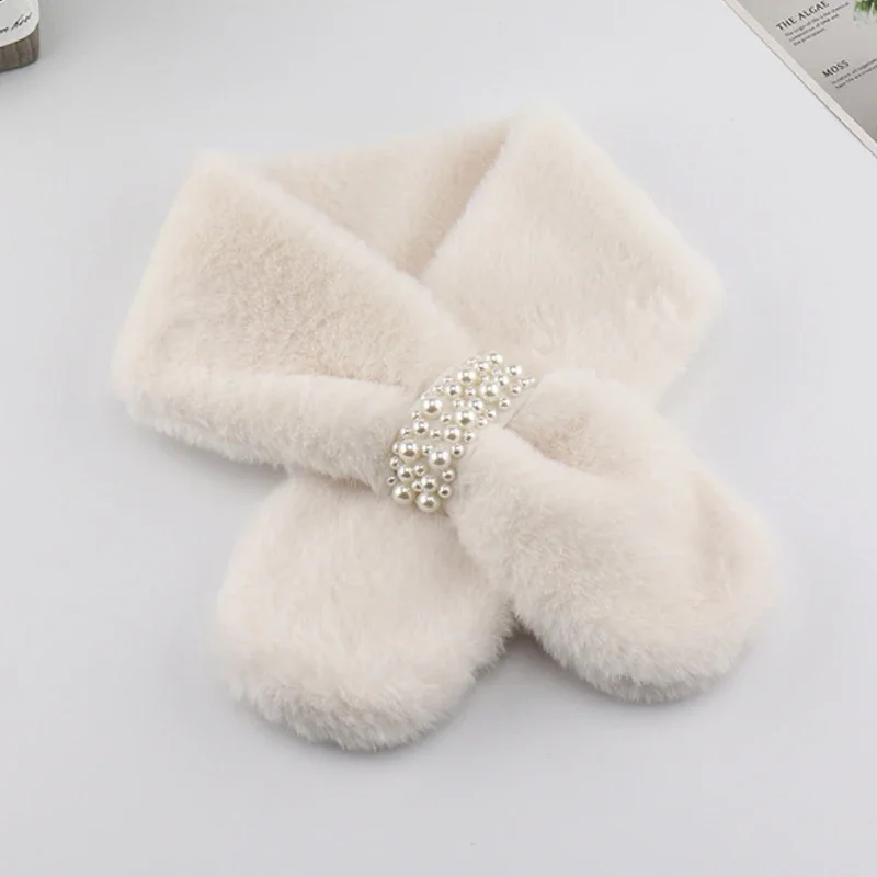 FANAN Winter Scarf Women Pearl Decoration Imitation Rabbit Fur Plush Scarf Women Thick Warm Fur Scarf Bufandas Invierno Mujer