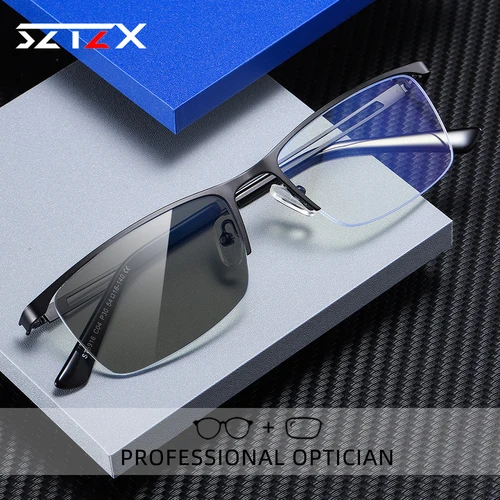 Imagen 1 del producto SZTZX gafas de lectura ultraligeras de medio marco para hombre, gafas graduadas para miopía con luz azul, gafas de sol ópticas fotocromáticas
