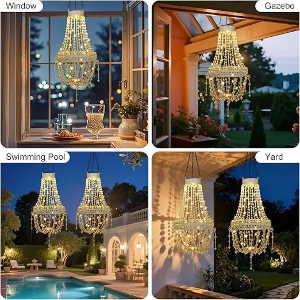Waterproof Solar Hanging Lantern Modern Design Crystal Acrylic Outdoor Pendant Light Metal Frame IP44 Garden Solar Light Porch