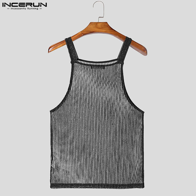INCERUN Tops 2025 American Style Fashion Men Sparkling Fabric Stripe Perspective Mesh Vests Casual Clubwear Male Thin Tank Tops image 2