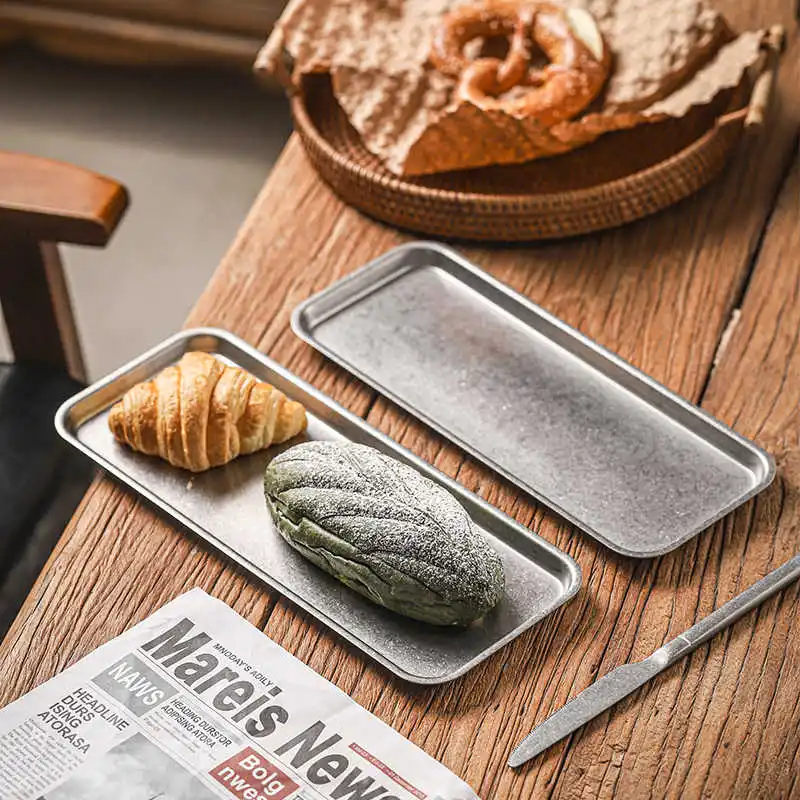 30pcs Vintage 304 Stainless Steel Food Storage Trays BBQ Sushi Flat Dish Bread Pastry Baking Pan Kitchen Fruit Vegetable Plate