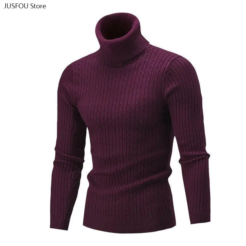 Men Autumn Winter Retro Twisted Knit Turtleneck Sweater European American Casual Warm Knit Undershirt Soft Knitted Pullover