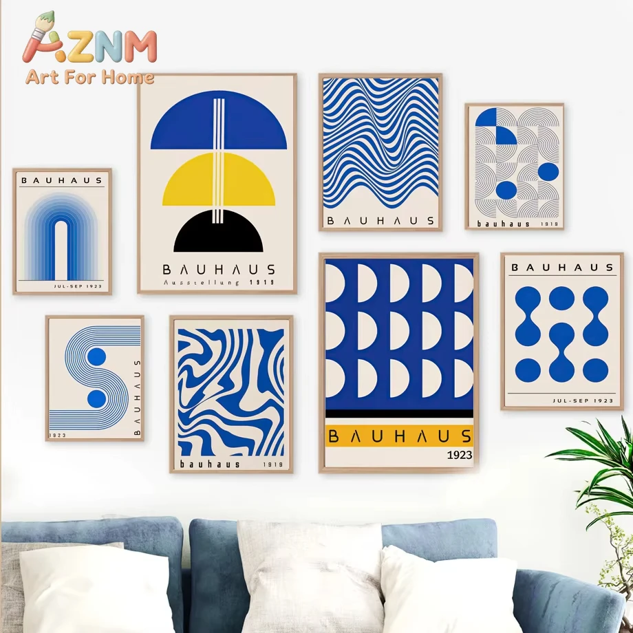 

1pc Canvas Paintings Abstract Geometry Wall Art Posters And Prints for Living Room Home Decor Mid Century Modern Blue Bauhaus