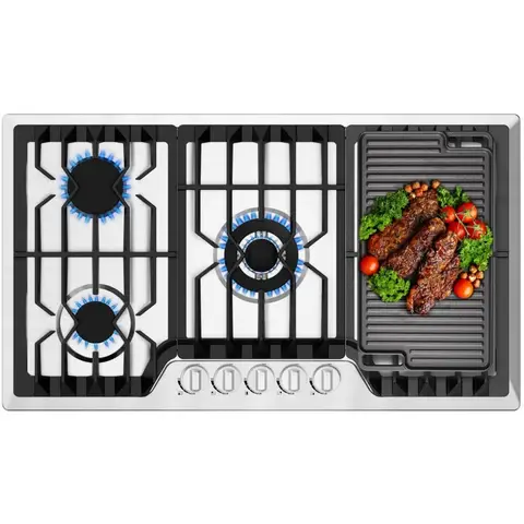 36 Built-in Gas Cooktop with Griddle,5 Italy SABAF Sealed Burners Gas Stove TOP, 41,800BTU, NG/LPG Convertible, Stainless Steel