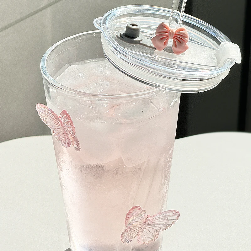 Ins Style Sippy Cup Butterfly Sippy Glass Water Cup High Appearance Level Home Juice Girl Cute Cup Milk Coffee Cup