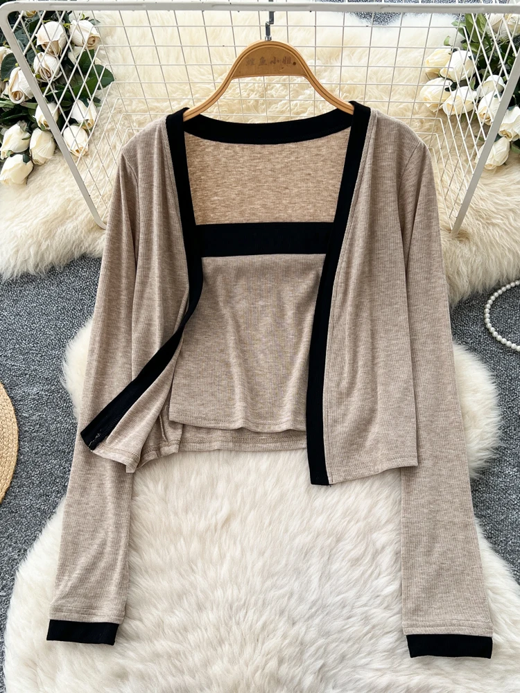Faionable Loose Damen-Herbst-Outfit, zweiteiliges Set mit Röhrenoberteil und langer Sve-offener Cardigan, lässiger Pendler