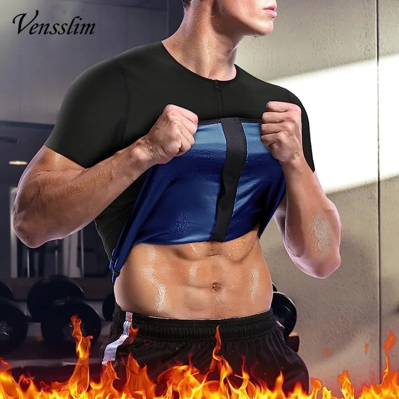 Vensslim Sweat Sauna Suits Men Polymer Zipper Body Shaper Slimming Short Sleeve Waist Trainer Heat Trapping Compression Corset