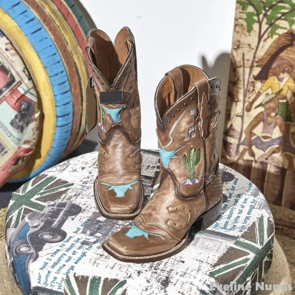Graffiti Embroidered Western Cowboy Boots Women 2025 Spring New Rivet Square Toe Thick Heel Costume Boots Slip On Mid-calf Boots image 3