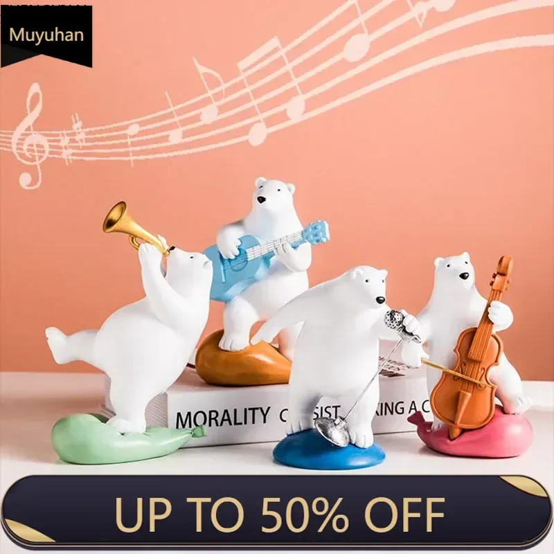 Polar Bears Band Figurines Desk Decoration Lovely Animal Musician Statue Resin Crafts White Bear Sculpture Gifts For Children