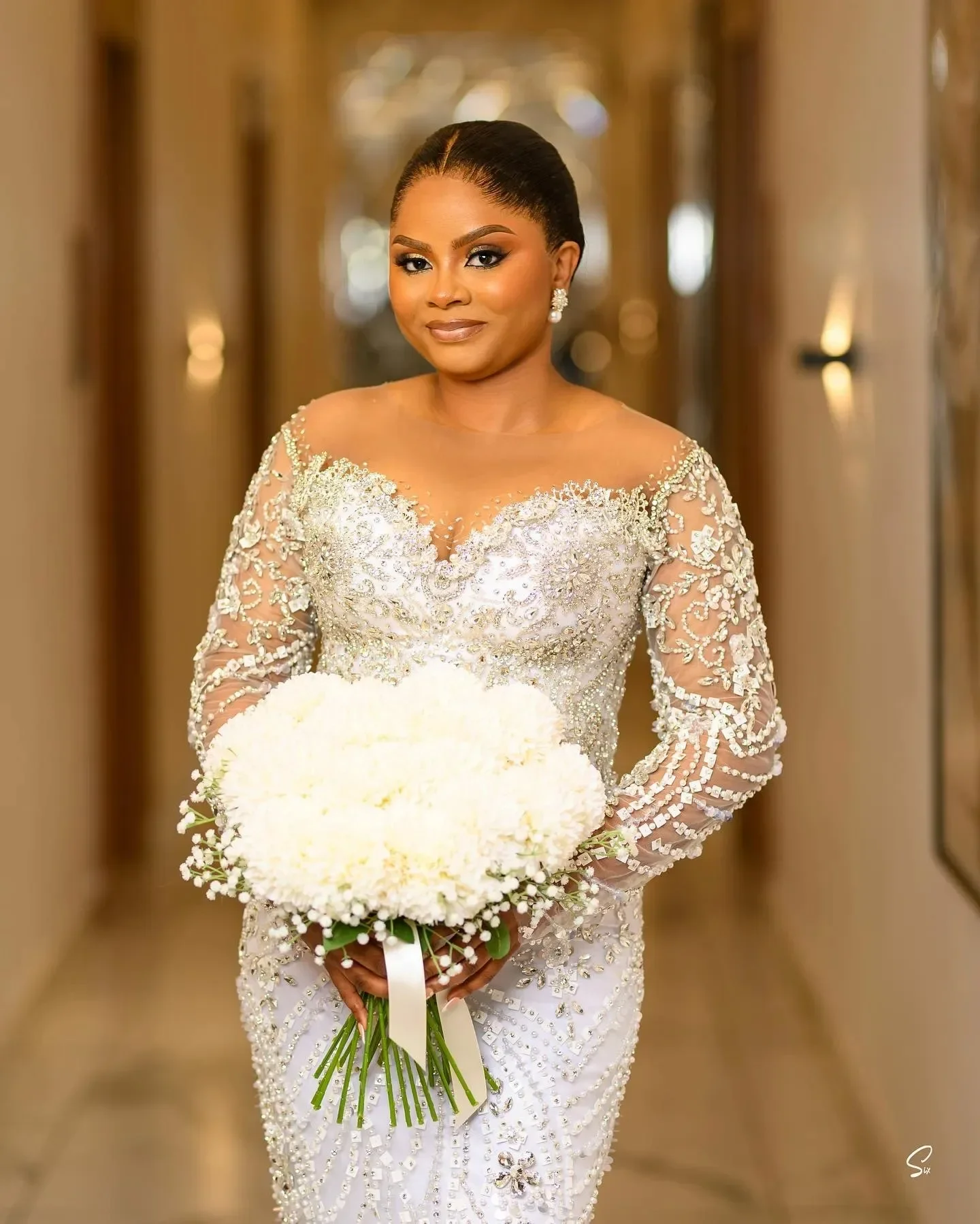 Robe De mariée sirène personnalisée, col rond, cristaux scintillants, perles, manches longues, Train détachable