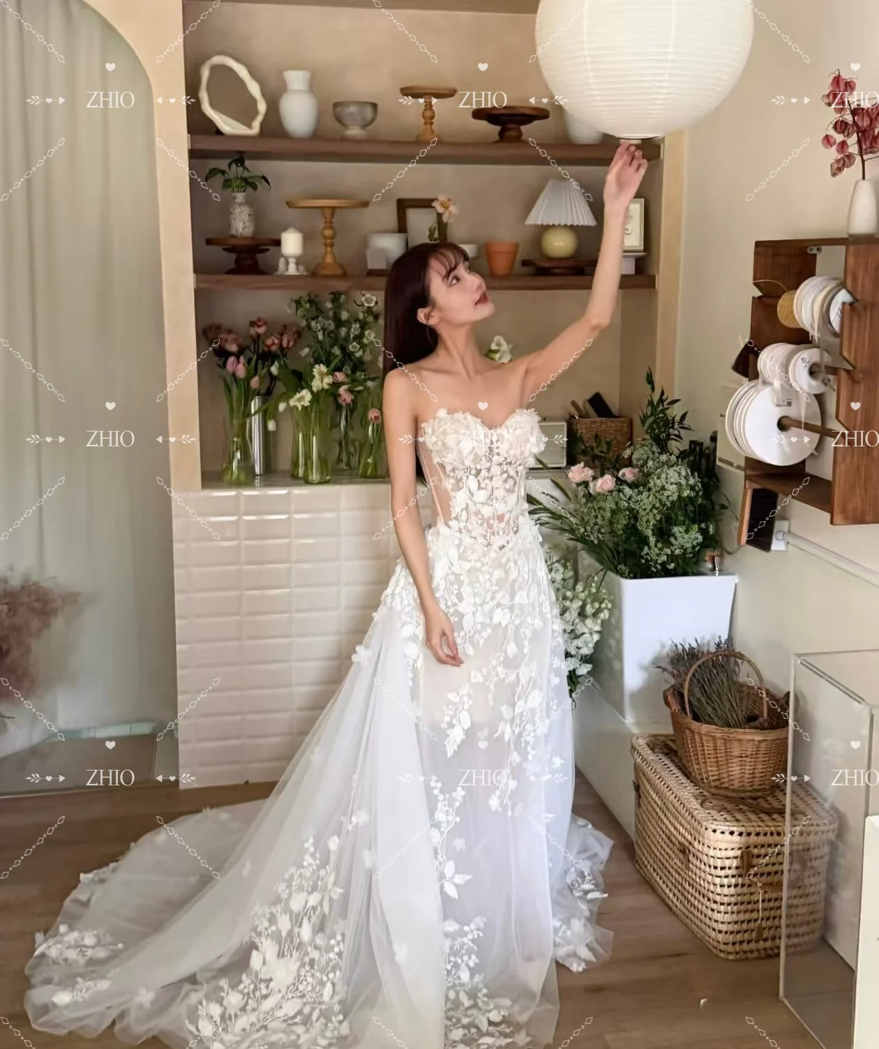 ZHIO فستان زفاف ساحر ثلاثي الأبعاد مزين بالزهور على شكل قلب سويب تراين على شكل حرف a كوريا لالتقاط الصور فستان استقبال الزفاف مخصص جديد 2026 #6