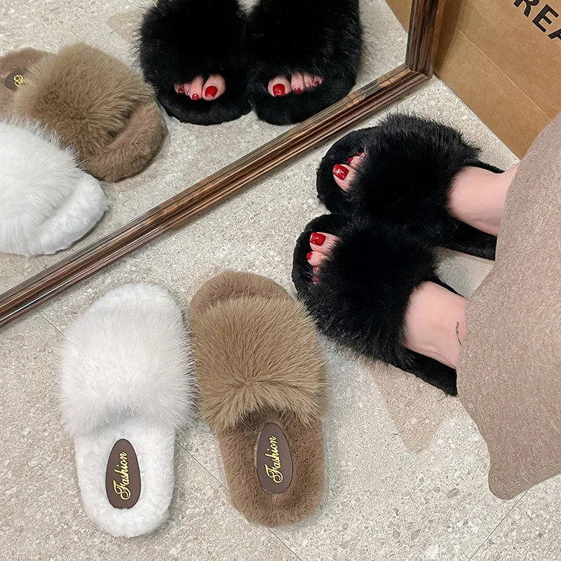 Zapatillas peludas para mujer, ropa interior y exterior con parte inferior gruesa, Zapatillas de algodón perezosas para el hogar de felpa para otoño e invierno, zapatos informales cómodos