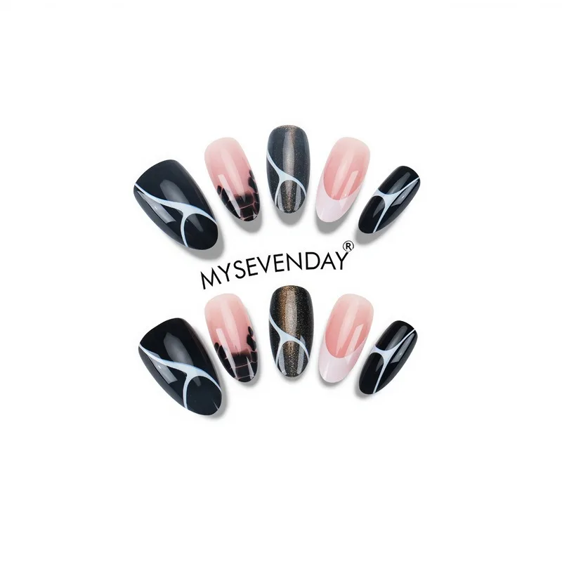 24PCS Glossy Almond False Nails Black Gold Fine Glitter Sweet Cool White Stripes Patterns French Press on Nails Ins Style Nails