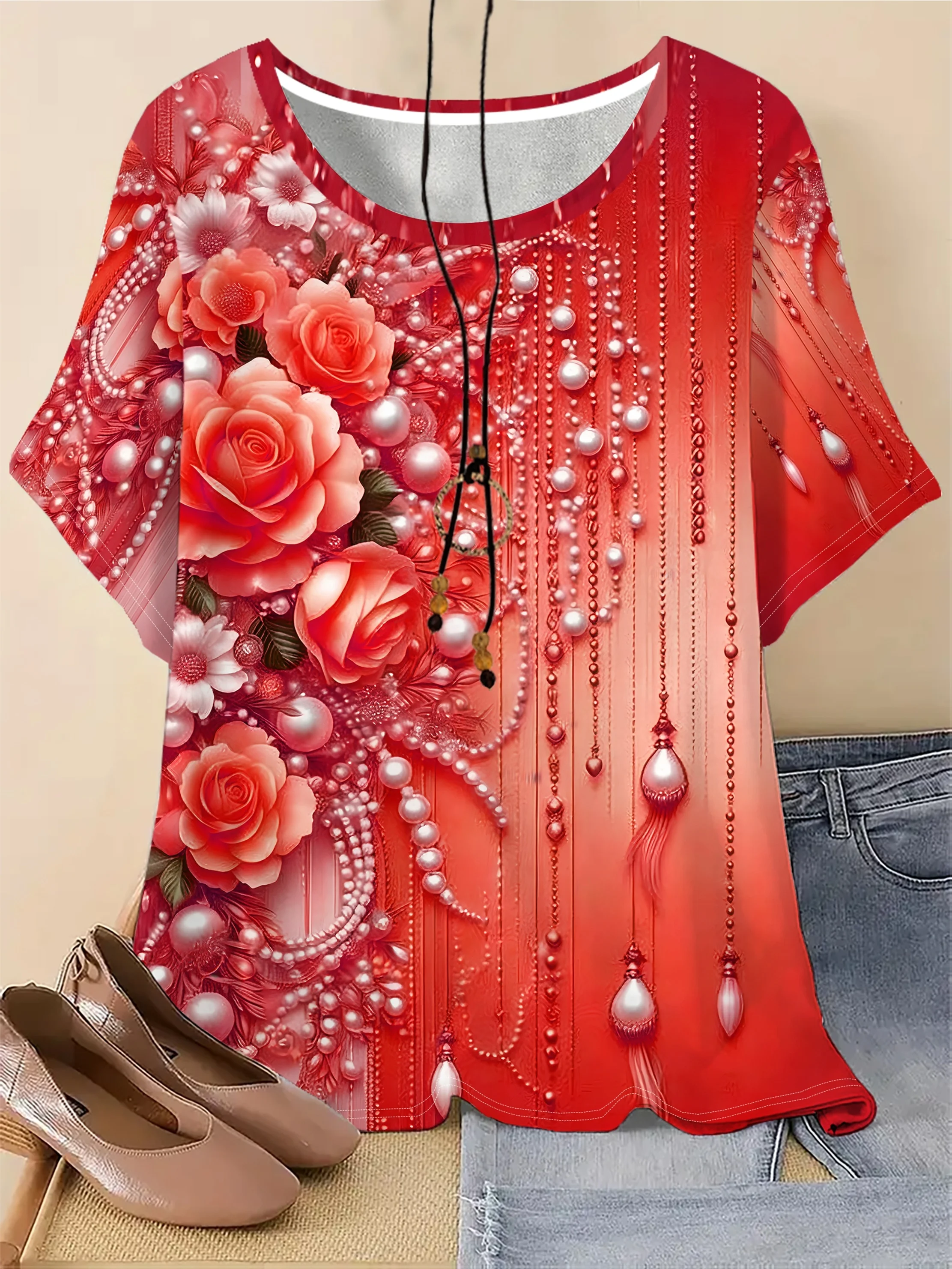 Women Crew Neck Short Sleeve T-shirt Golden Yellow Rose Pearl Chain Print Elegant Floral Casual Daily Summer Top