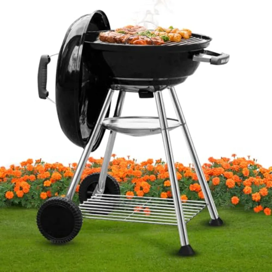 Charcoal Grill 18 Inch for Outdoor Cooking BBQ Barbecue Coal Kettle Bowl Grill Portable Heavy Duty Round with Wheels Grilling f
