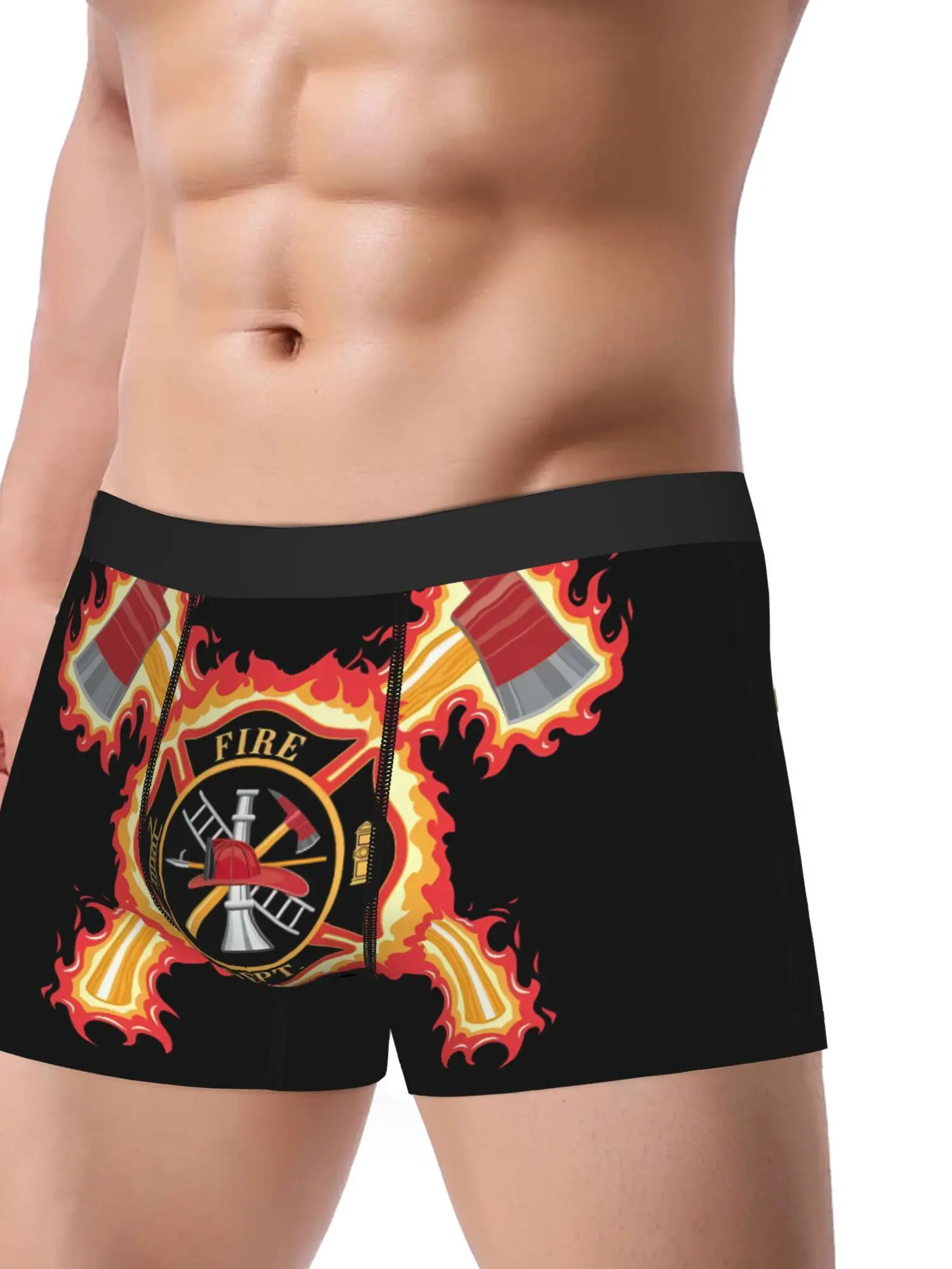 BIIHUDU Men's Firefighter Boxer Briefs - Fire Department-Inspired Underwear with Bold Flame Design, Non-Transparent Fabric for G