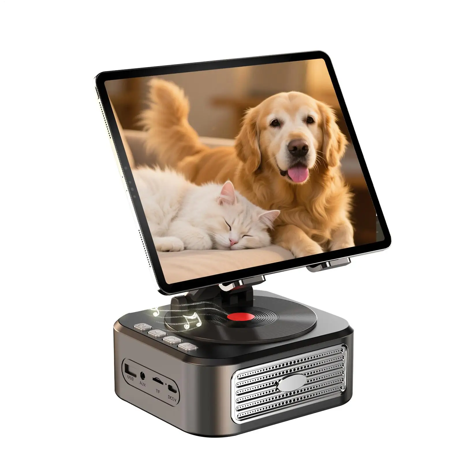 Tablet Holder for Desk 360 Degree Rotating Stereo Adjustable Stand Creative Desk Speaker for Kids Bed Bedside Floor Kitchen