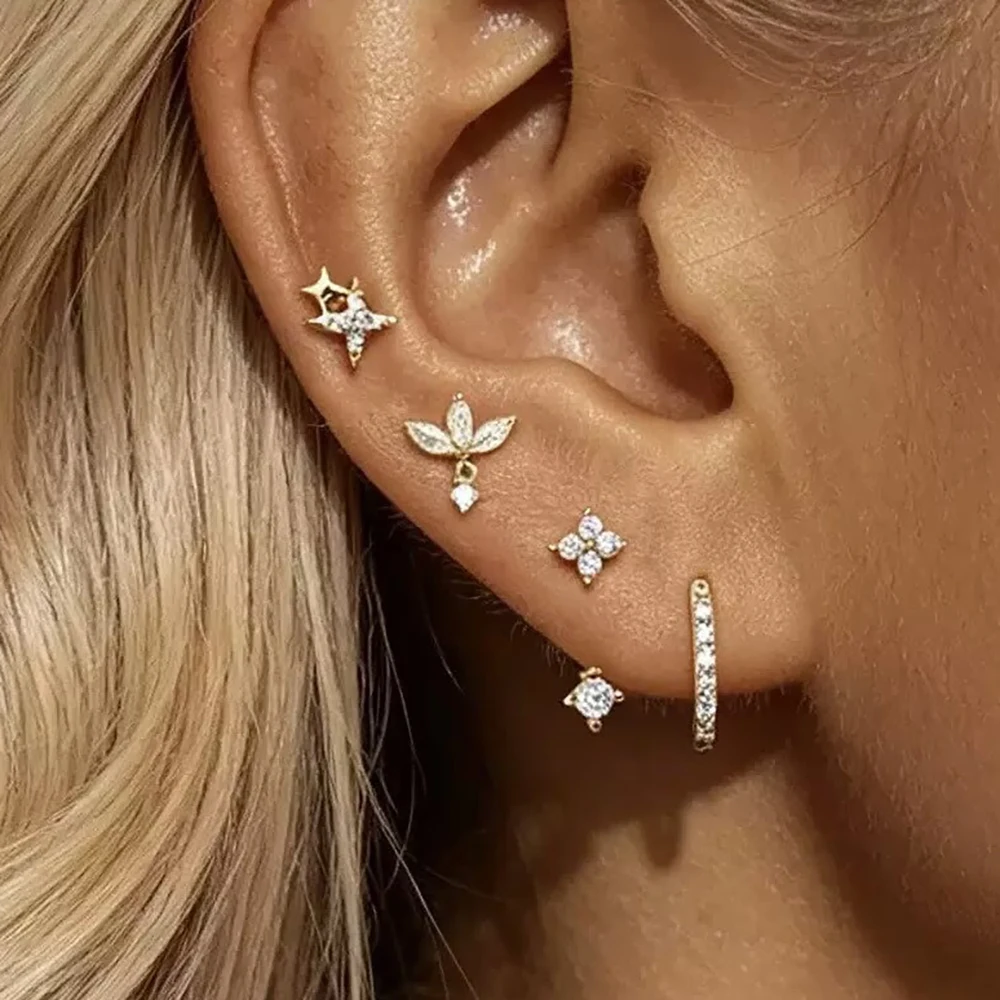 4PCS/8PCS Fashion Stainless Steel Zircon Star Ear Studs Sets For Women Geometry Hoop Earring Engagement Birthday Jewelry Gift