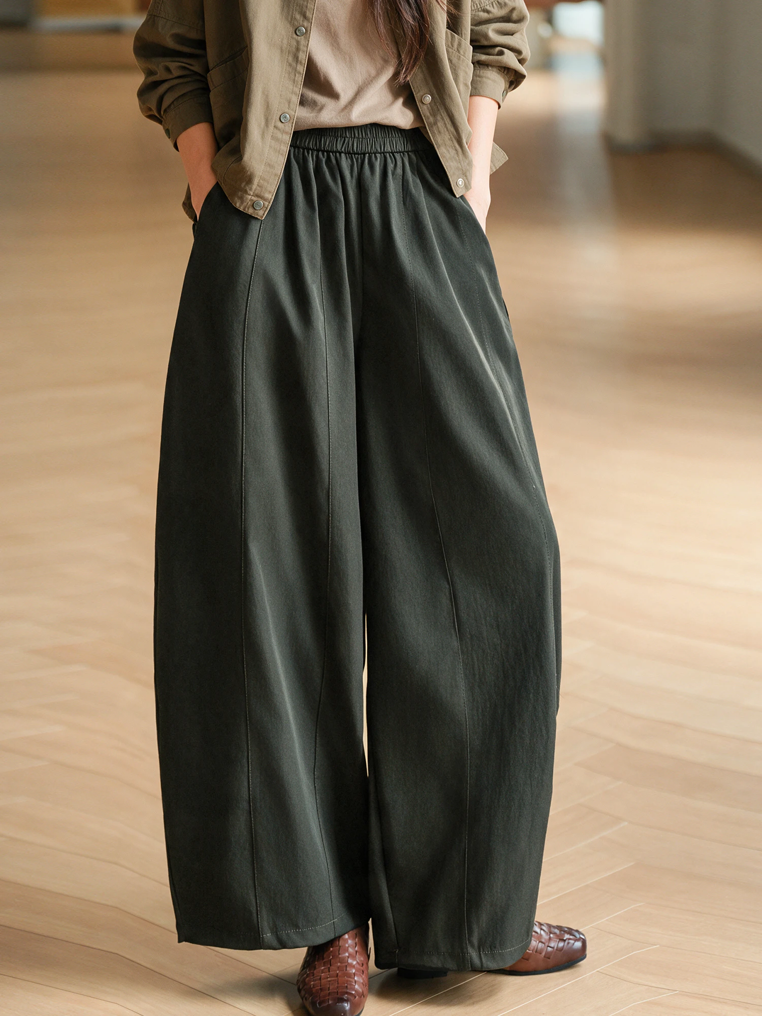 Cool Smooth Manageable Large Version Bean Pants Elastic Waist Loose Fit Casual Trousers by Little Ear Production Polyester Fiber