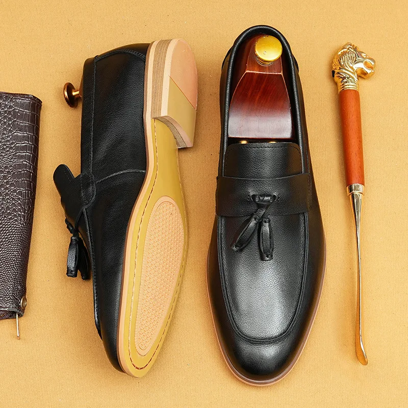 

Men'S Genuine Leather Vintage High Quality Shoes Luxury Wedding Formal Dress Classic Elegant Italian Black Loafers