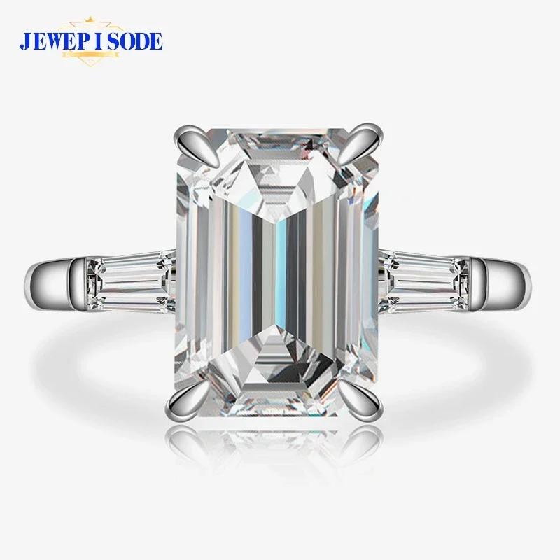 

JEWEPISODE Solid Silver 925 Jewlery Ring 8x11MM G Color Emerald Cut High Carbon Diamond Sapphire Wedding Party Rings for Women