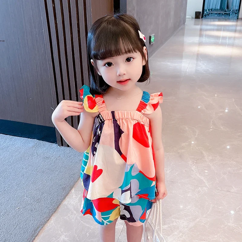 2pc/Set Baby Girl Sets Summer Flower Print Camisole Top Shorts Baby Clothes Girl Cute Girls Beach Set Costume For Baby image 3