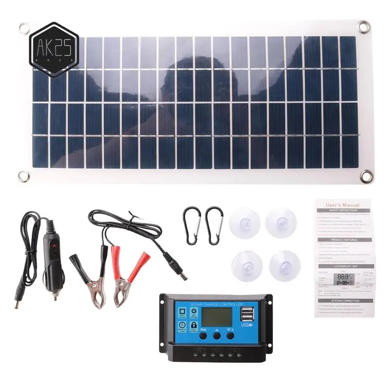 

AK25-30W Flexible Solar Panel Solar Cells For Car RV Boat Home Roof Van Camping Solar Battery, 10A Solar Controller Module