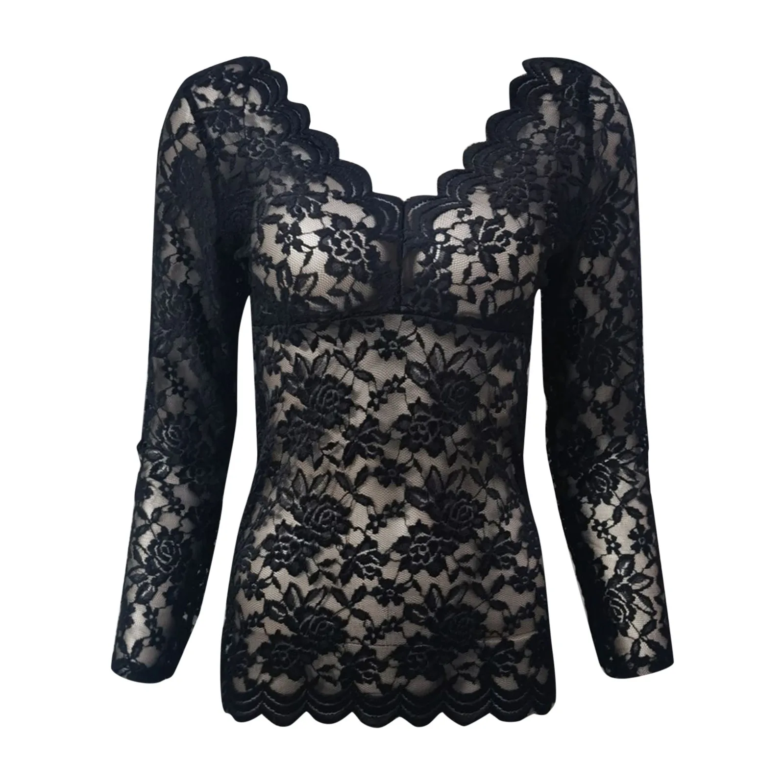Women Slim Tunic Lace V Neck T-shirt Sexy Elegant Summer Long Sleeve Flower Embroidery See-through Shirt Tops Blouse