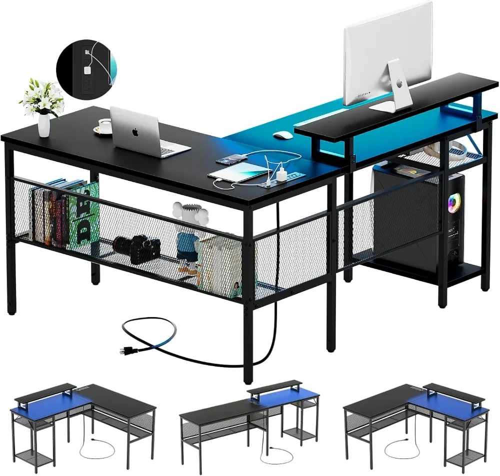 Reversible L Shaped Computer Desk with Magic Power Outlet and Smart LED Light, 55 Inch Large Office Corner Desk with Ergonomic