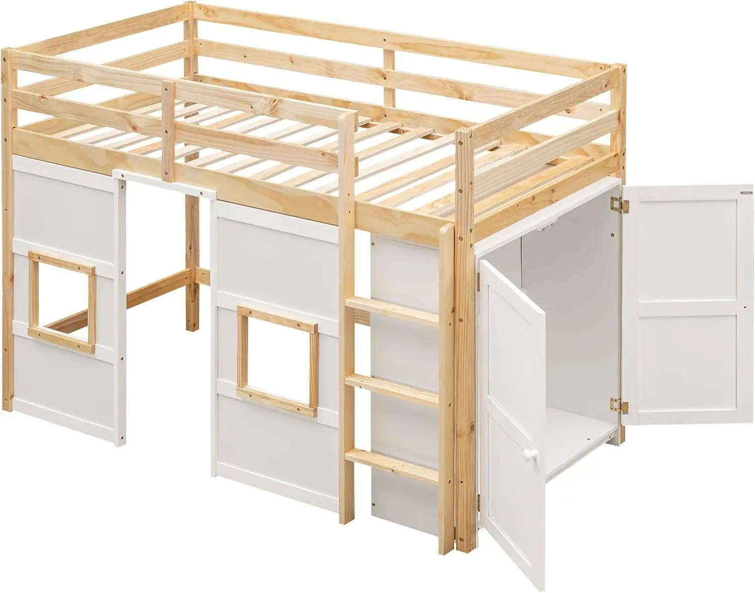 Twin Size Loft Bed with Wardrobe, Wood Playhouse Loft Bed Frame with Storage for Kids, High Loft Bed with Ladder and Guardrails