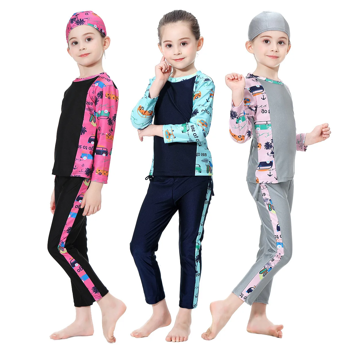

Muslim Swimwears 3 Set for Girls Black Navy Beach Wind Islamic Clothing Lovely Swimsuit Bathing Suit Highly Elastic Comfortable