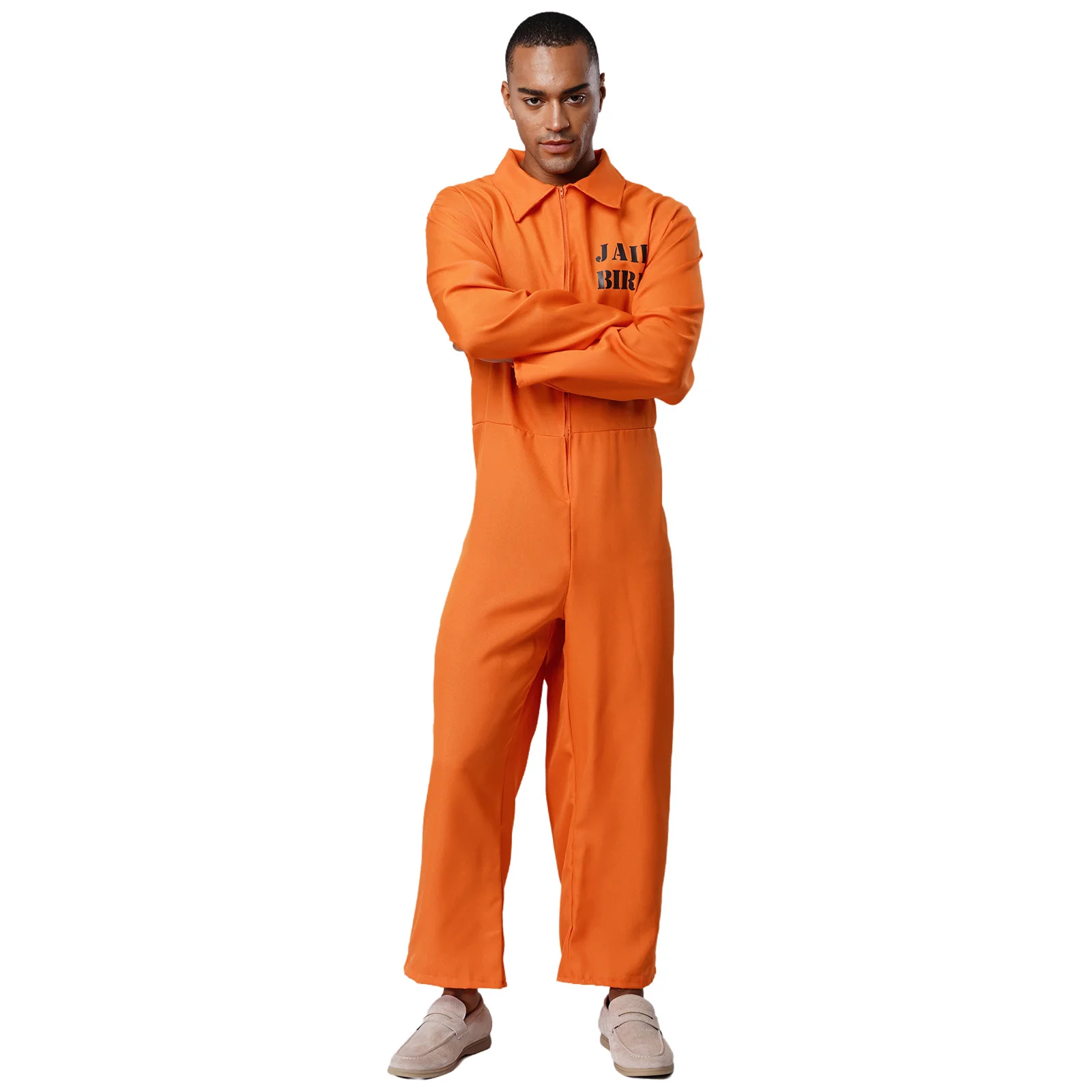 Kostum Cosplay Narapidana Pria Wanita Halloween, Overall Jumpsuit Oranye, Seragam Penjara, Unitard Narapidana, Seragam Penjara