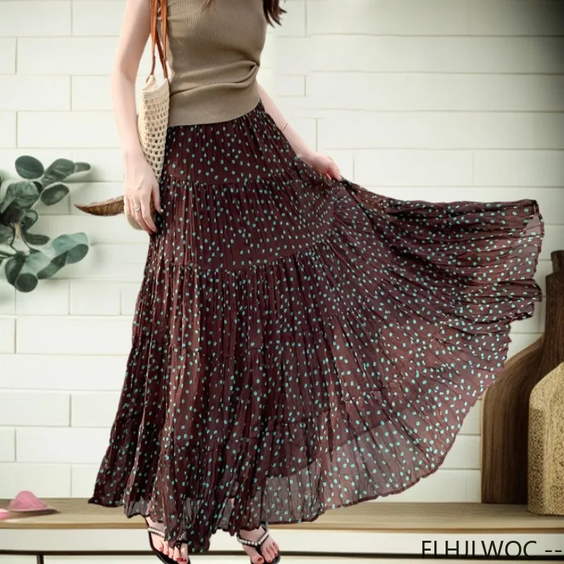 

Rural village Summer Holiday Skirts Hot Korean Japan Style Date Girls Floral Print Brown Chiffon High Elastic Waist Skirt Long