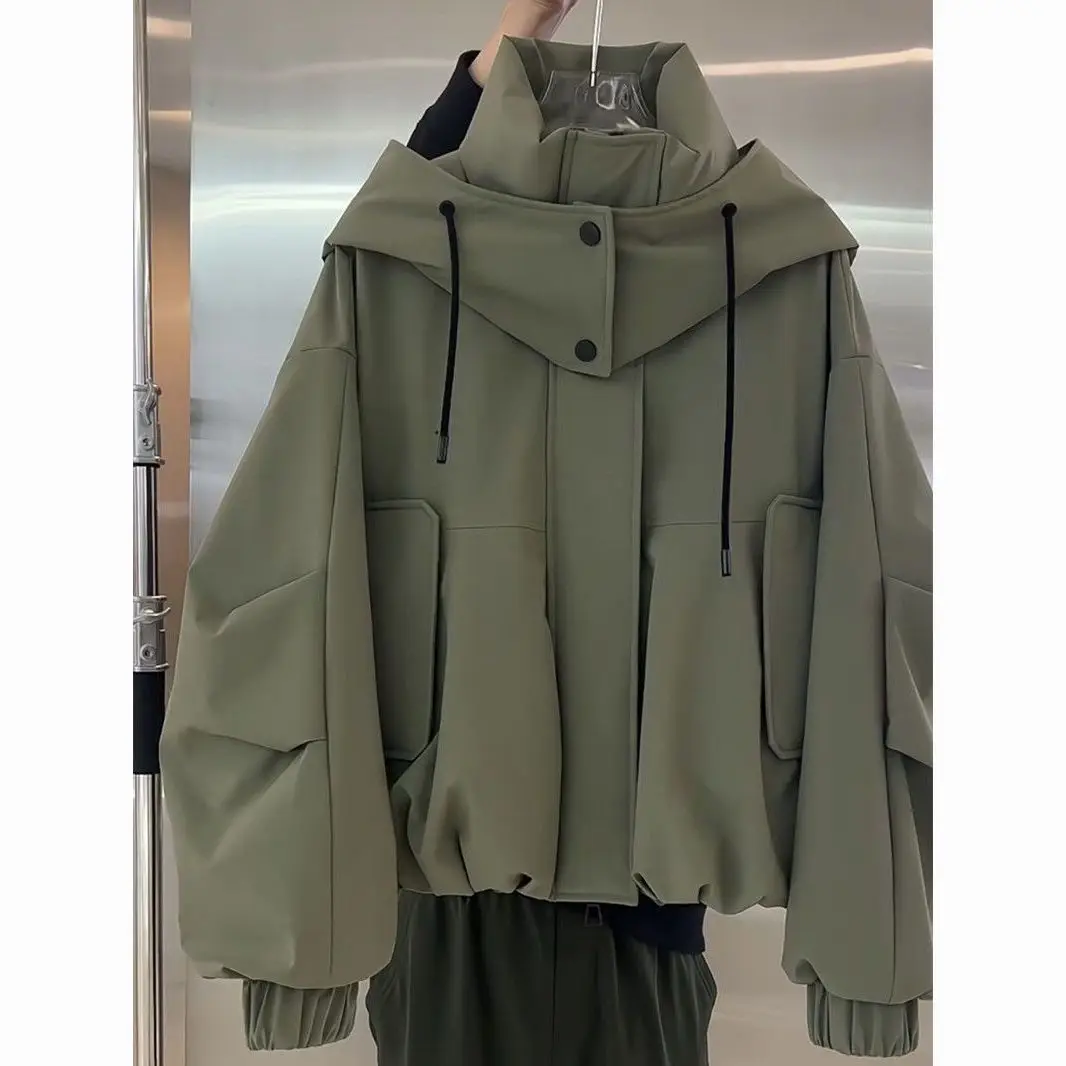 2027 New Autumn Winter Jacket Double-pocket Korean Overwear Female High-Quality Tooling Coat Women's Unique Hooded Outcoat Top