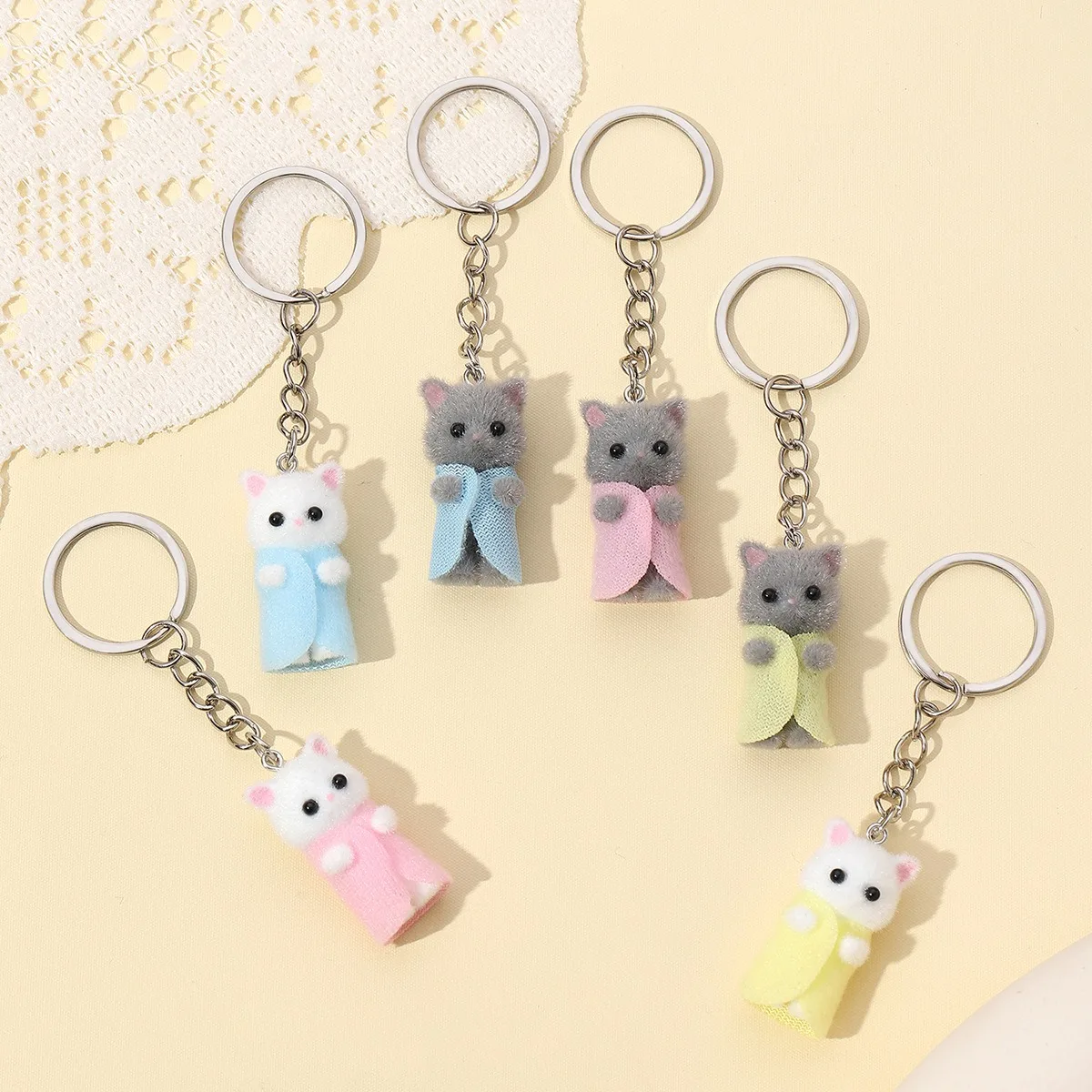 

6 pc Mini Flocked Cute Cat keychain Plush Cat Doll Miniature Keychain for Bag DIY Accessory