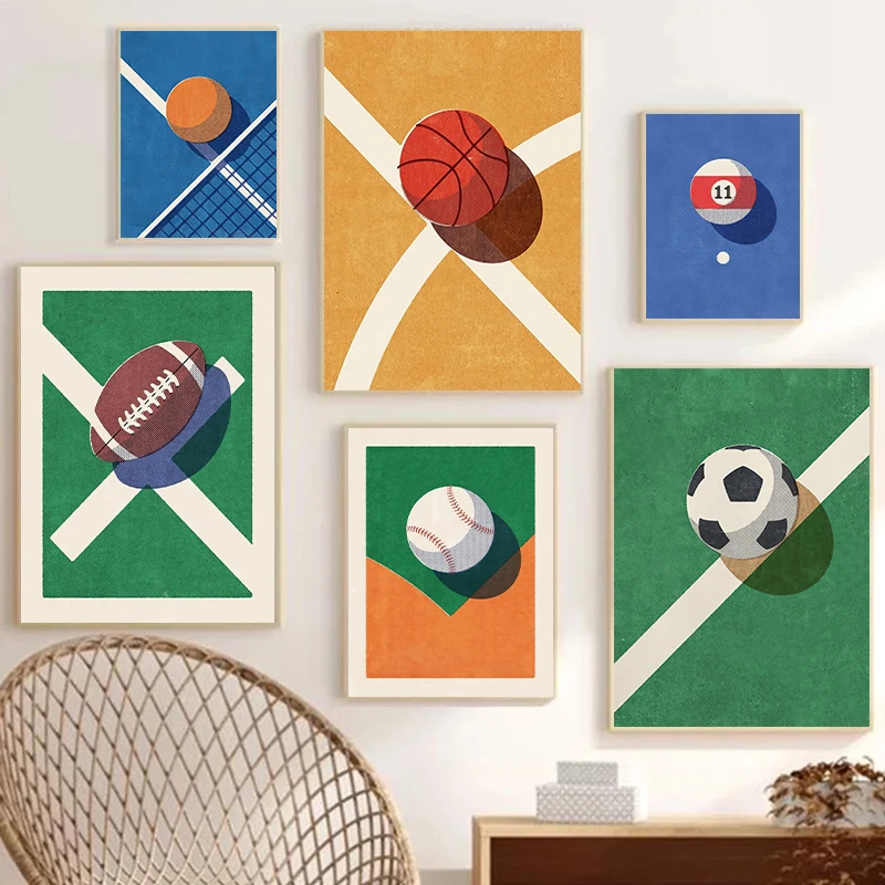Retro Sport Ball Posters Rugby Volleyball Basketball Soccer Billiards Canvas Painting Wall Art Picture Gym Room Home Decor Gifts