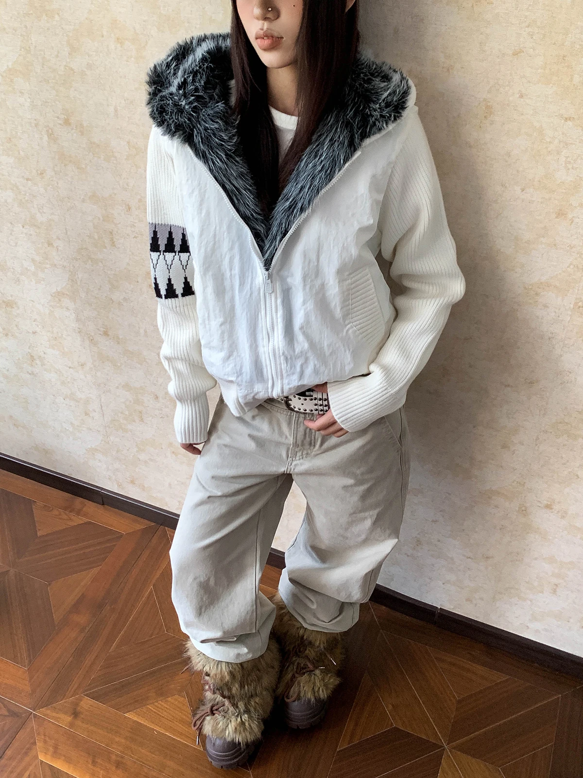 

Женское вязаное хлопковое пальто Aket Thiened с меховым воротником, свободный крой, зимняя одежда...