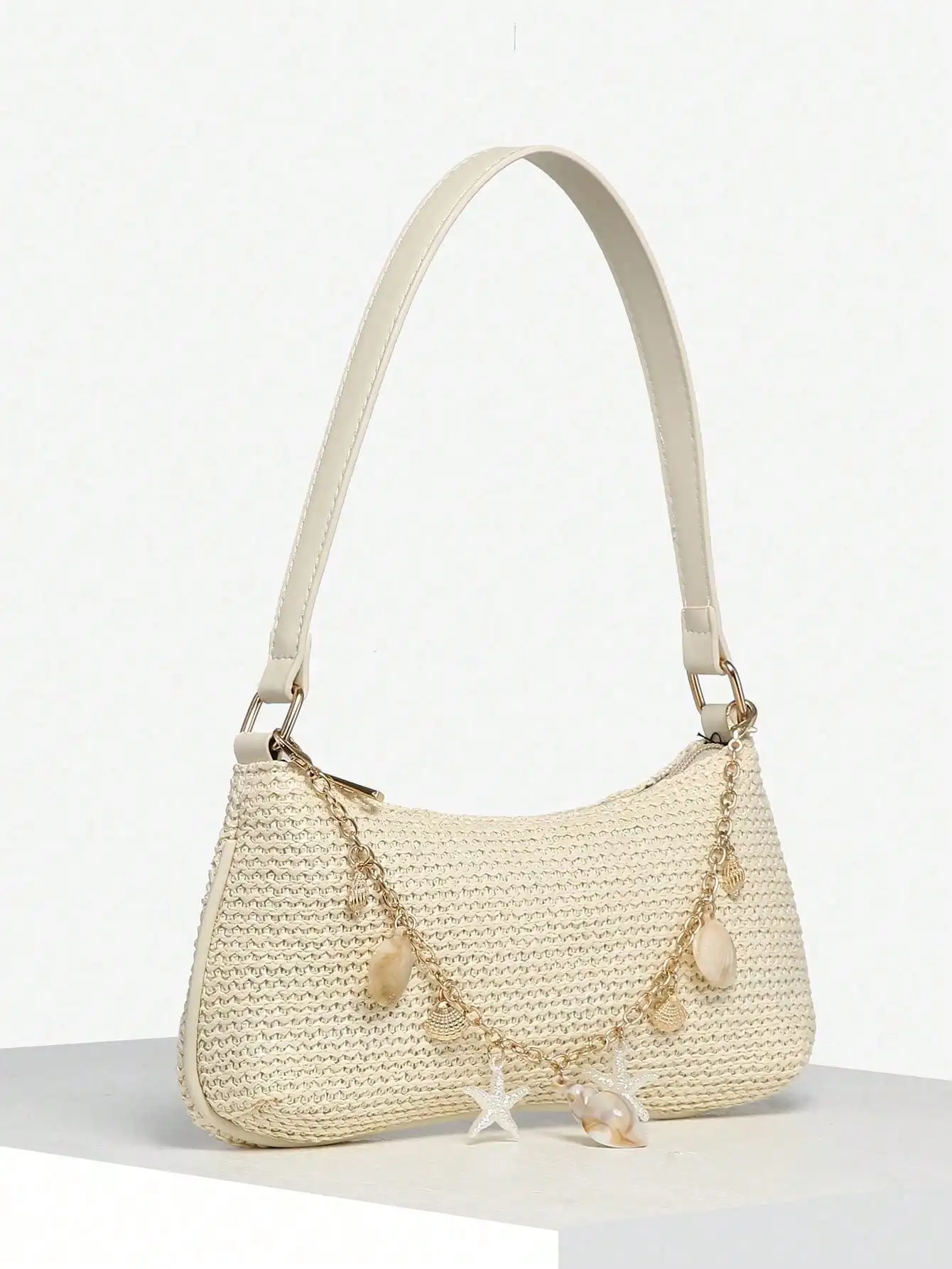 Women's Vintage Resort Ocean Creature Faux Pearl Cherry Faux Fur Tail Woven Crossbody Bag, Straw Bag, Vacationcore