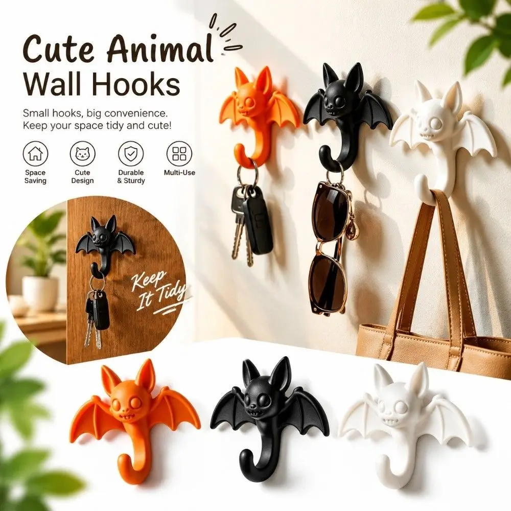 2PCS Lightweight Cartoon Bat Shaped Wall Hook 3D Printed Wall Mounted Decorative Wall Hook Adhesive Backing