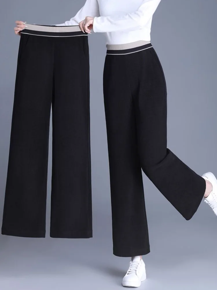 Pantalon élastique épais et chaud pour femmes, Baggy décontracté, Patchwork, mode, ample, taille haute, jambes larges, droit