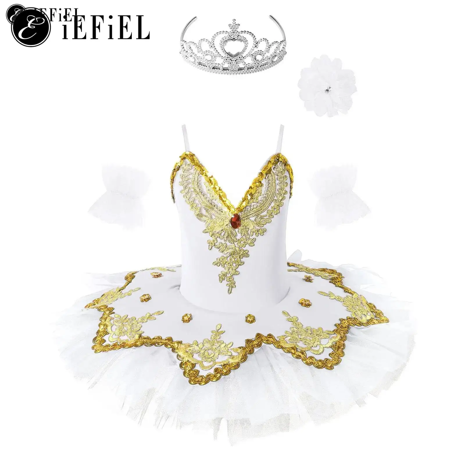 

Girls Deluxe Swan Lake 4 Pcs Outfit Spaghetti Straps Ballet Dance Dress+Crown+Cuff+Hairclip Professional Ballerina Costume