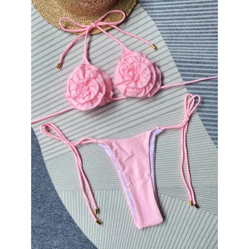 Minibikini con cuello halter y flores para mujer, traje de baño de dos piezas con microtanga, conjunto de bikini Sexy