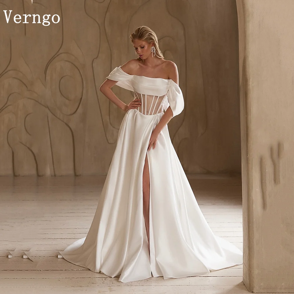 

Verngo Simple Satin Wedding Dress Off The Shoulder A Line Front Slit Bridal Gowns Women Elegant Bride Prom Gown Customized