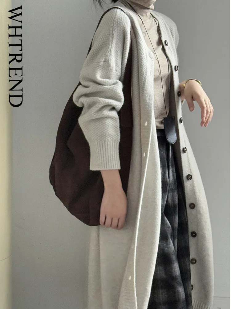

WHTREND вязаный длинный кардиган с круглым вырезом для женщин, свободный однобортный свитер, пальто, осенне-зимняя мода WH1866