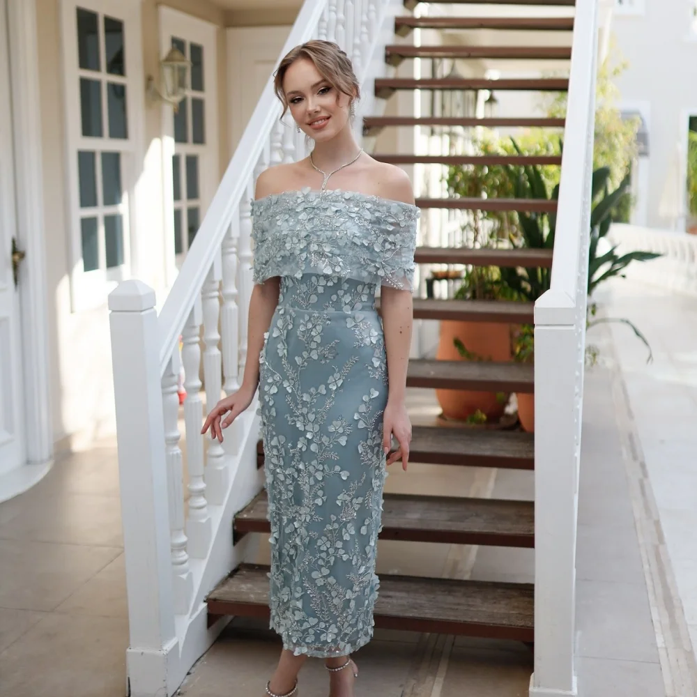 Amanda Personalizzato Fiori Blu Ricami Perle Pizzo robes de soirée Abiti da festa con spalle scoperte Abito da ballo alla caviglia