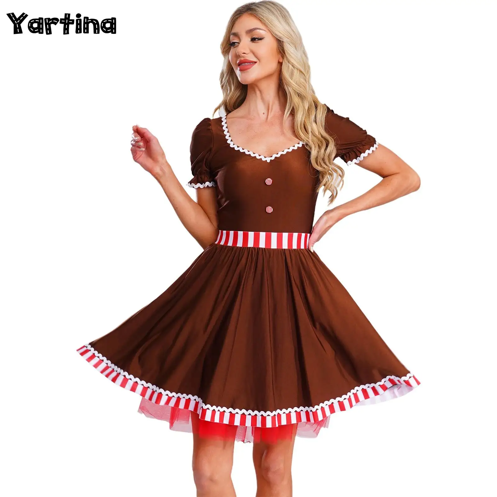 

Adult Women Christmas Gingerbread Man Candy Cane Santa Cookie Man Cosplay Costume Figure Skating Ballet Tutu Dance Leotard Dress