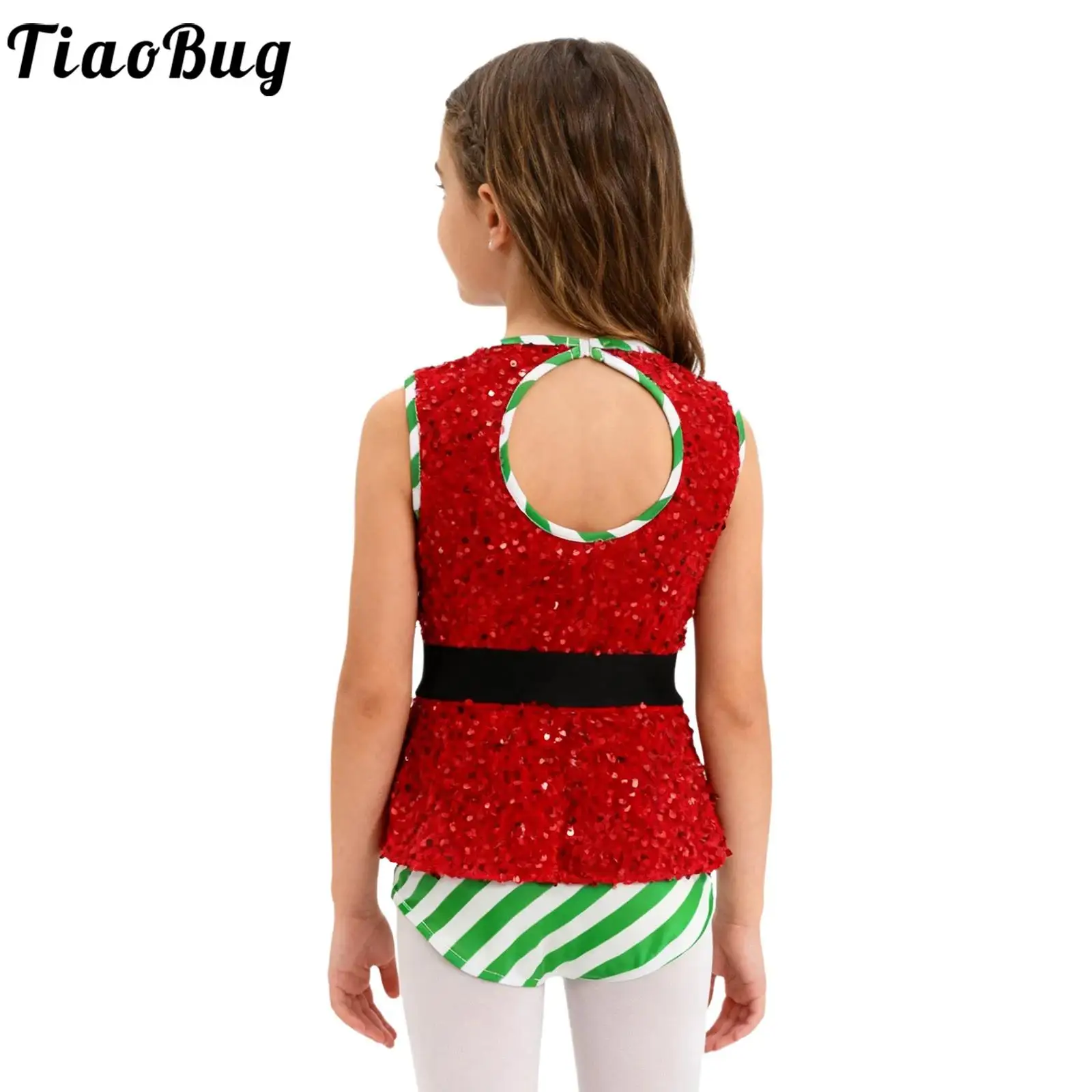 

Girls Christmas Elf Costume Bodysuit Leotard Dance Gymnastic Ballet Dresses Sleeveless Sparkly Sequins Jumpsuit and Waistbelt