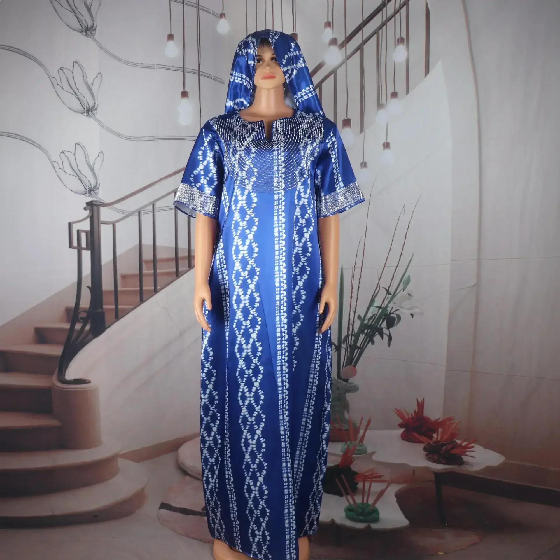 

Dubai Dress Diamonds Ladies Robe Femme African Dress Dashiki Ankara Women Kaftan for Party with Headtie Loose Islamic Clothing
